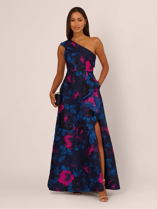 Adrianna Papell Dresses & Skirts - Adrianna Papell One Shoulder Floral Jacquard Gown In Navy Orchid NWT Size 4